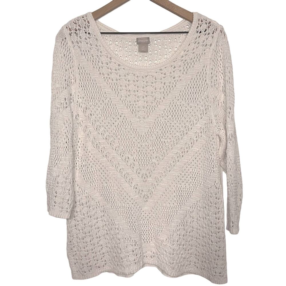 Chico's Open Knit White Sweater Size 2 Boatneck Beachy Mermaid Mermaidcore Swim